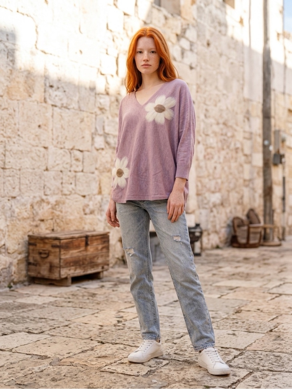 Mauve V-Neck Floral Sweater